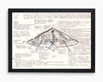 Vintage UFO Schematic, Retro Futuristic Spacecraft Blueprint, Spaceship, Digital Download, High Resolution, 11 Sizes