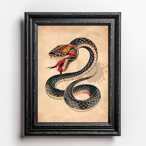 Snake Art Print - Digital Download, Vintage Tattoo Style Illustration,  Wall Art, Serpent Decor, Printable Artwork, Wild Nature Decor