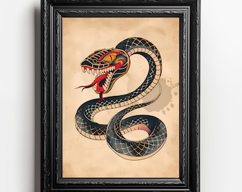 Snake Art Print - Digital Download, Vintage Tattoo Style Illustration,  Wall Art, Serpent Decor, Printable Artwork, Wild Nature Decor