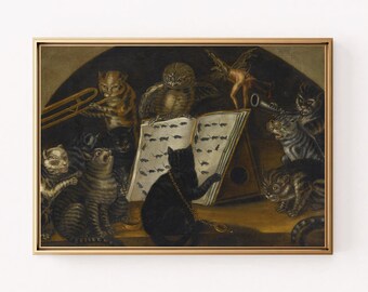 Whimsical Musical Cat Symphony: Playing Instruments with Owl and Fantastical Creature – Quirky Bizzare Orchestra, Digital Download