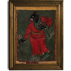 Ancient Tibetan Black Demon Art Print Vintage Himalayan Thangka Painting - Mythical Bear- Buddhist Decor, Download Poster, Spiritual Wall
