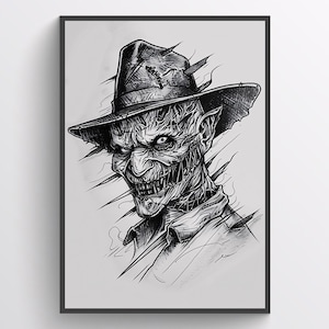 Illustration: Disturbing Freddy-Inspired Creepy Art with Sharp Teeth, Stitched Skin - Detailed Black & White Artwork Print for Horror Fans