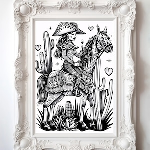 May include: Black and white illustration of a woman wearing a hat and riding a horse. The woman is holding a flower in her hand. The horse is decorated with intricate patterns. The background features cacti and hearts.