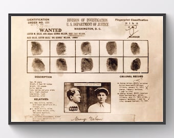Vintage Gangster Wanted Poster Digital Art - Lester "Baby Face" Nelson - 1934 FBI Mugshot Print,Retro Criminal Memorabilia, Digital Download