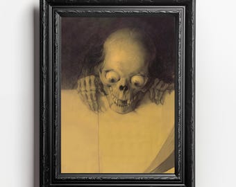 Skull Art Print - Eerie Macabre Skeleton Poster with Dramatic Dark Art, Gothic Grim Reaper, Drawing - Creepy Decorative Wall Art