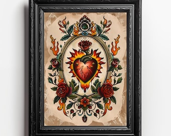 Feuriges Herz und Rosen Digital Art Print | Vintage Tattoo-Stil Illustration | Blumen & Flammen | Sofortdownload | Retro ästhetik 23 Größen