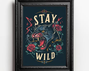 Stay Wild Panther Kunstdruck: Auffällige Tattoo-Illustration im Tattoo-Stil mit Rosen und Gewittern - Dekoration für Zuhause oder das Büro - Digital Download in 23 Größen