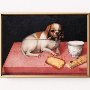 Adorable Digital Dog Art Print with Cup and Bread, Charming Wall Decor for Pet Lovers, Interior Design, Cute Kitchen Art for Dog Enthusiasts