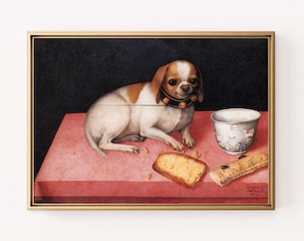 Adorable impresión artística digital de perro con taza y pan, encantadora decoración de pared para amantes de las mascotas, diseño de interiores, lindo arte de cocina para entusiastas de los perros