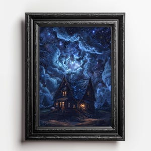 Haus Kunstdruck, gemütliches Landhaus mit bezauberndem Sternenhimmel, impressionistische Malerei magische Traumszene, dunkle Academia, Wanddeko, Download