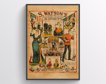 Manifesto del circo d'epoca 17 misure S. Watson's American Museum of Living Curiosities, pubblicità dell'epoca vittoriana, illustrazioni colorate,
