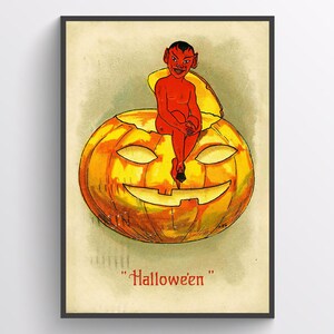 Vintage Halloween-wenskaartkunst - duivel zit op gesneden lantaarn, begin 20e-eeuwse stijl, Halloween-decor, afdrukbare poster