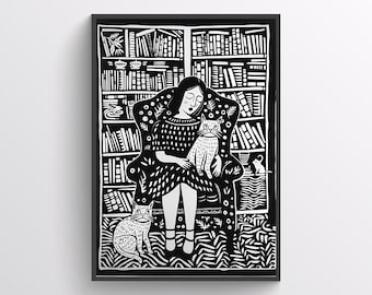Cozy Companion - Digital Art Print of Woman and Cats in Library Linocut Style | Printable Black and White Illustration | Instant Download