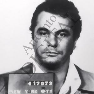 May include: Black and white mugshot of a man with short dark hair. The mugshot has the text "NEW YORK CITY POLICE" and the number "417073" on a metal plate.