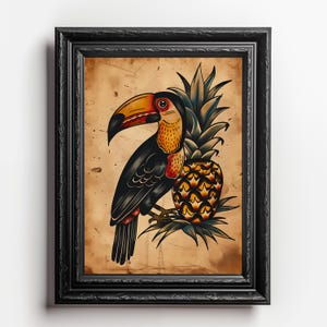 May include: A vintage-style illustration of a toucan with a bright orange, yellow, and red beak, perched next to a pineapple with green leaves. The toucan and pineapple are on a brown background with a distressed texture.
