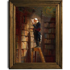 Bookworm Painting of Elderly Scholar on Ladder in Ornate Library Perfect for Book Enthusiasts, Library Decor, Digital Download, 18 Sizes