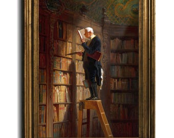 Bookworm Painting of Elderly Scholar on Ladder in Ornate Library Perfect for Book Enthusiasts, Library Decor, Digital Download, 18 Sizes