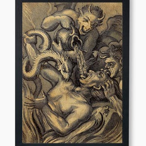 Dramatic Devilish Encounter Print: Medieval Dark Art Illustration - Sinner tortured in Hell, Punishment, Vintage Poster, Digital Download