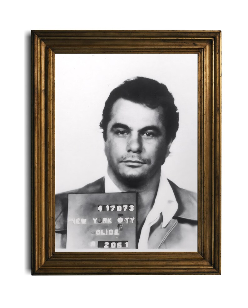 May include: Black and white mugshot of a man with dark hair and a serious expression. The mugshot is framed in a gold frame. The text on the mugshot reads "417073 NEW YORK CITY POLICE 2051".