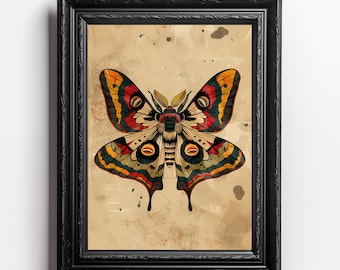 Vibrant Moth Art Print: Digital Download with Geometric Designs - Vintage Textured Background for Rustic Home Decor & Wall Art 23 Sizes