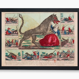 Puede incluir: Impresión vintage enmarcada que representa a un lobo atacando a una mujer con un vestido rojo, rodeada de escenas de caza. La obra de arte es una ilustración detallada con un marco negro.