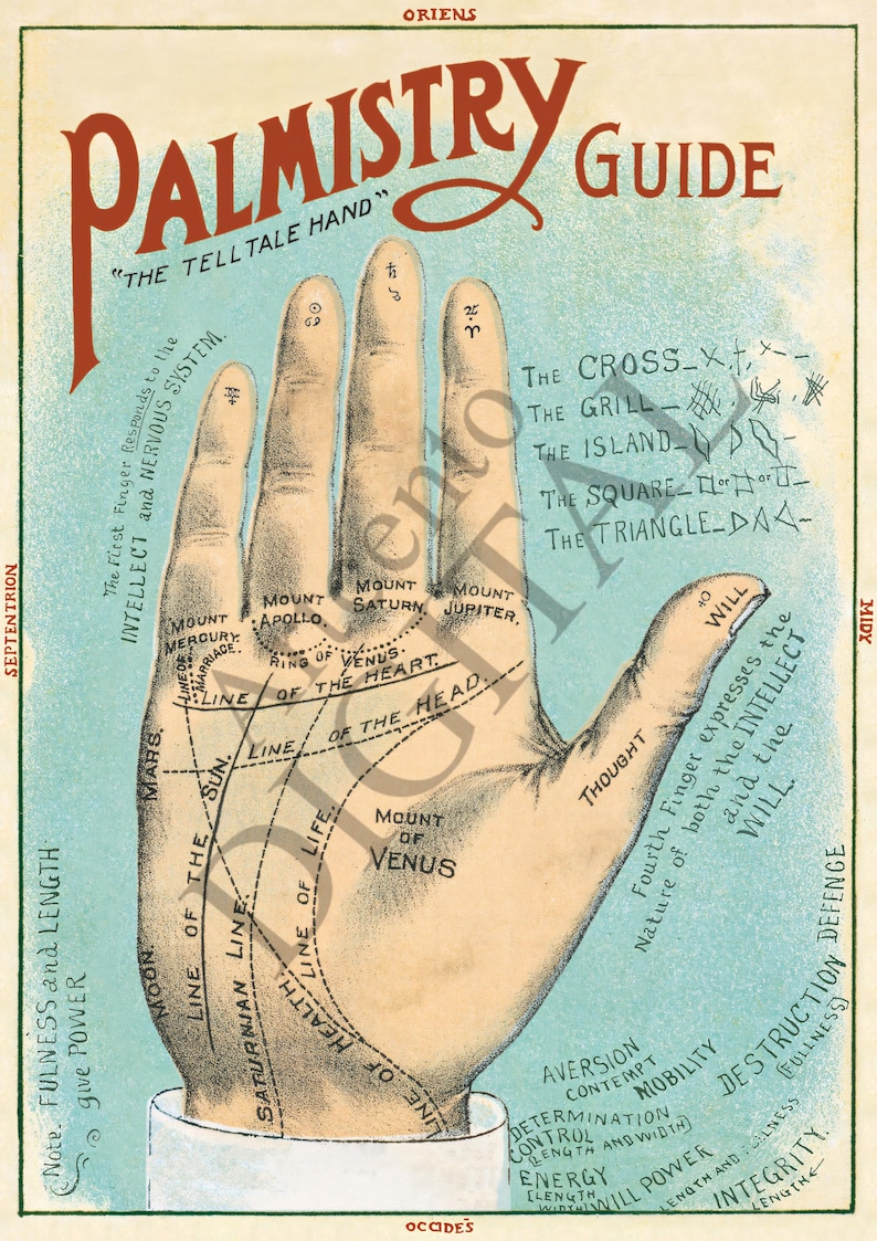 Les Explained Hand Guide Vintage Palmistry Guide Poster Print Digital Download - 21 Sizes ...