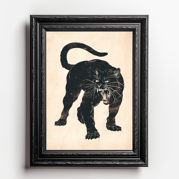 Black Panther Vintage Digital Art Print: Retro Style Wildcat Wall