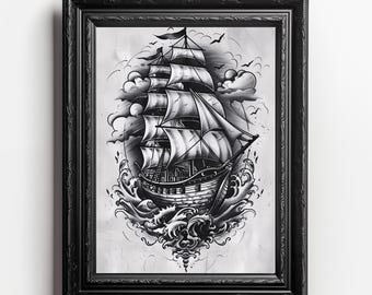 Classic Sailing Ship Tattoo Art Print: Nautical Black & White Digital Illustration with Waves, Seagulls - Home Decor, Wall Art, Maritime