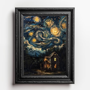 Digital Download print, Impressionist  Painting - Van Gogh Inspired Forest Art with Swirling Sky & Cozy Ambiance - Dark Academia Decor