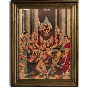 Vintage Digital Print of Hindu Mythological Scene Narasimha Defeats Hiranyakashipu - Digital Download 21 Sizes Traditional Indian Art Decor