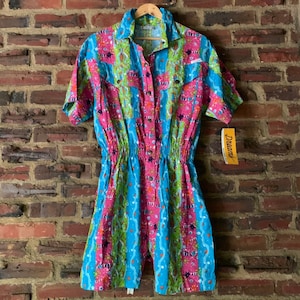 80s VTG Romper Jumpsuit Shorts Colorful DREAMS snaps women&#39;s Large New with tags