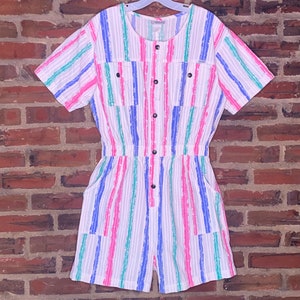 Adorbs 80&#39;s VTG IDEAS Pink Green Purple Stripes Romper/Overalls/Short Jumpsuit women’s X-LARGE