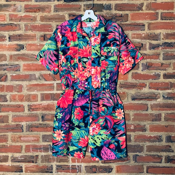 Floral Hawaiian Romper Shorts Vintage 80s DREAMS … - image 1