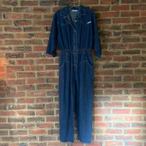 Vintage 80s DREAMS Large Blue Denim jumpsuit overalls boiler suit snaps women&#39;s