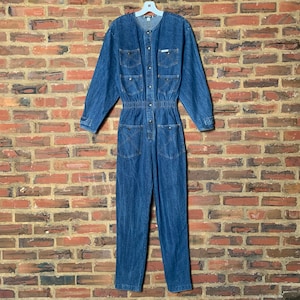 Cute Vintage 80s Large DREAMS Blue Denim L/S jumpsuit overalls boiler suit snaps women&#39;s