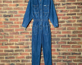 Cute Vintage 80s Large DREAMS Blue Denim L/S jumpsuit overalls boiler suit snaps women's