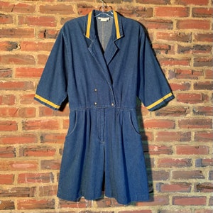 CHIC 80&#39;s VTG Sailor/Nautical IDEAS blue denim snaps overalls Culottes women’s M/L made in Usa