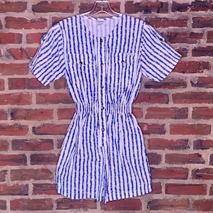 Vintage 80&#39;s Blue Painterly Stripes DREAMS Romper/Overalls/Short Jumpsuit women’s Petite -Small