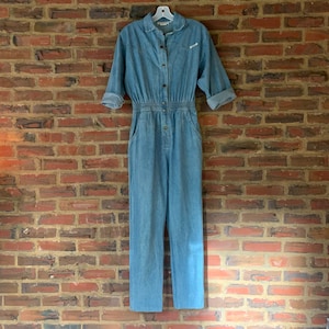 Vintage Blue Denim 80s IDEAS Small jumpsuit overalls mechanic boiler suit snaps women&#39;s