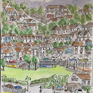 May include: Watercolor painting of a small town with houses clustered together on a hillside. The town is located near a body of water and has a bridge with the text "The Floating Bridge" on a sign.