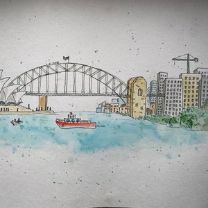 Puerto de Sydney, Australia. Un boceto urbano/acuarela original con la ópera y el puente, incluidos escaladores. 11,5 pulgadas por 8,5 pulgadas