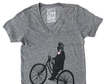 Monkey Bike T-Shirt, in Vneck Heather Grey Unisex