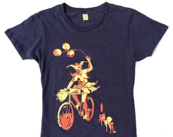 Women's Bicycle T-shirt, The Jester with Two Cats, Navy