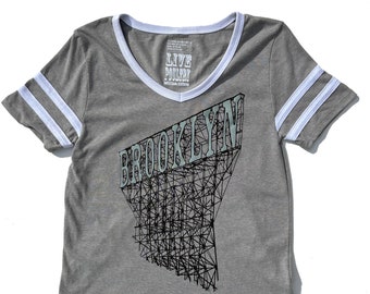 Women's Brooklyn Varsity Tshirt in Smoke Grey with White Stripes