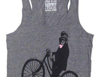 Women's Funny Racerback Tank Top, Monkey on Bicycle, in Heather Grey