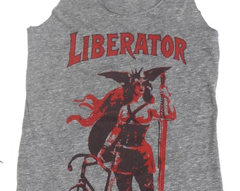 Camiseta sin mangas con espalda cruzada para mujer, The Liberator, en gris jaspeado