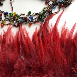 May include: A close-up of a red feather boa. The feathers are soft and fluffy, and they are arranged in a random pattern. The boa is perfect for adding a touch of elegance to any outfit.