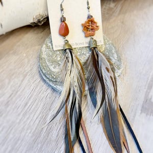 Walnut Feather Boho Earrings: Long Tribal Statement Jewelry