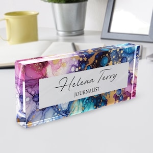 Personalized Name Plate for Desk, Flowers Wild Design On Clear Acrylic Glass, Custom Office Decor Nameplate Sign, Personalized Gift