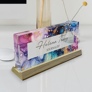 Personalized Acrylic Desk Name Plate: Wildflower Design, Wooden Base